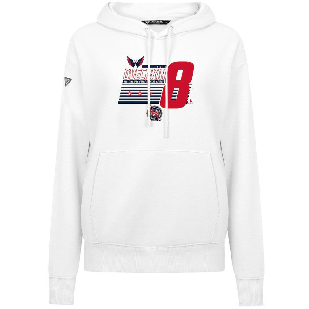 NHL Alexander Ovechkin Washington Capitals Levelwear Women's NHL All-Time Leading Goal Scorer Milestone Stripes Name & Number Adorn Pullover Hoodie - White