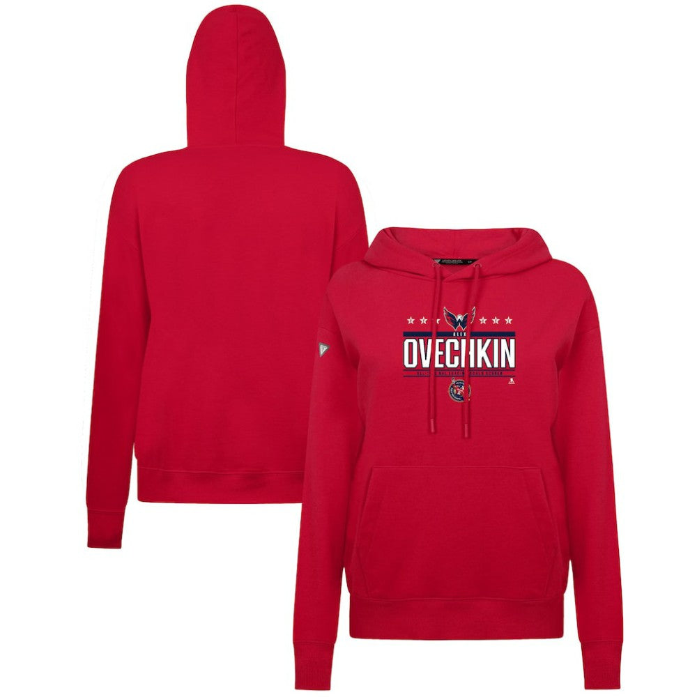 NHL Alexander Ovechkin Washington Capitals Levelwear Women's NHL All-Time Leading Goal Scorer Milestone Stripes Name & Number Adorn Pullover Hoodie - Red