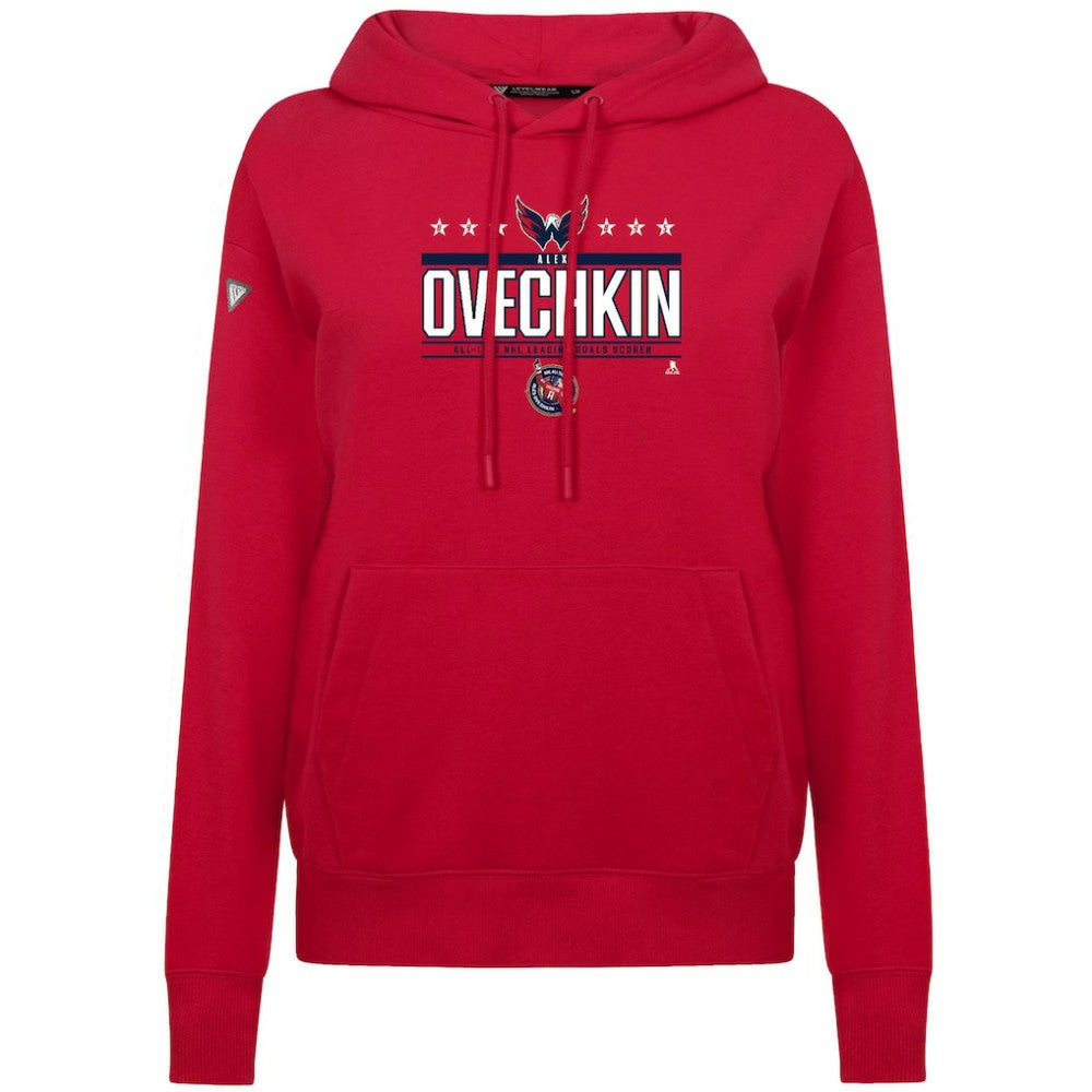 NHL Alexander Ovechkin Washington Capitals Levelwear Women's NHL All-Time Leading Goal Scorer Milestone Stripes Name & Number Adorn Pullover Hoodie - Red