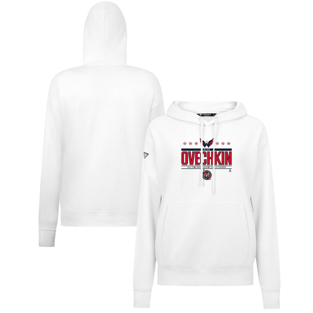 NHL Alexander Ovechkin Washington Capitals Levelwear Women's NHL All-Time Leading Goal Scorer Milestone Stripes Name & Number Adorn Pullover Hoodie - White