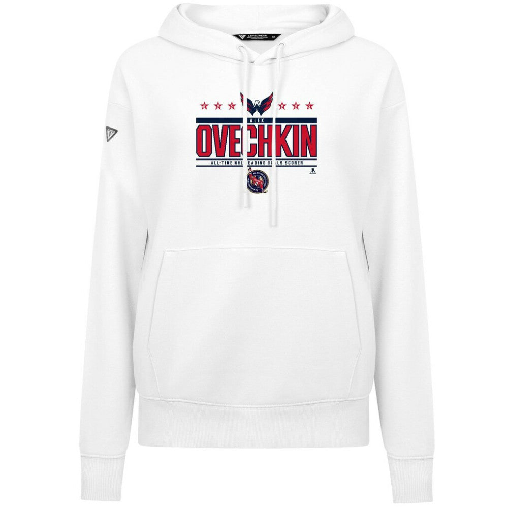 NHL Alexander Ovechkin Washington Capitals Levelwear Women's NHL All-Time Leading Goal Scorer Milestone Stripes Name & Number Adorn Pullover Hoodie - White