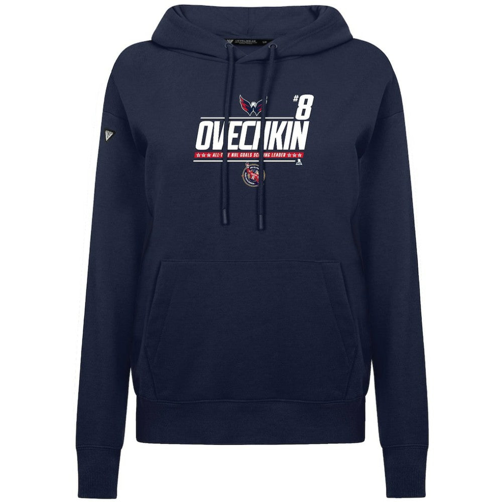 NHL Alexander Ovechkin Washington Capitals Levelwear Women's NHL All-Time Leading Goal Scorer Milestone Stripes Name & Number Adorn Pullover Hoodie - Navy