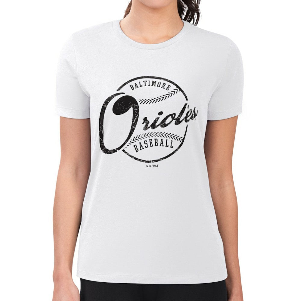 Baltimore Orioles G-III 4Her by Carl Banks Women's Super-Slim Fit Lightweight Distressed Baseball Team T-Shirt - White T-shirts