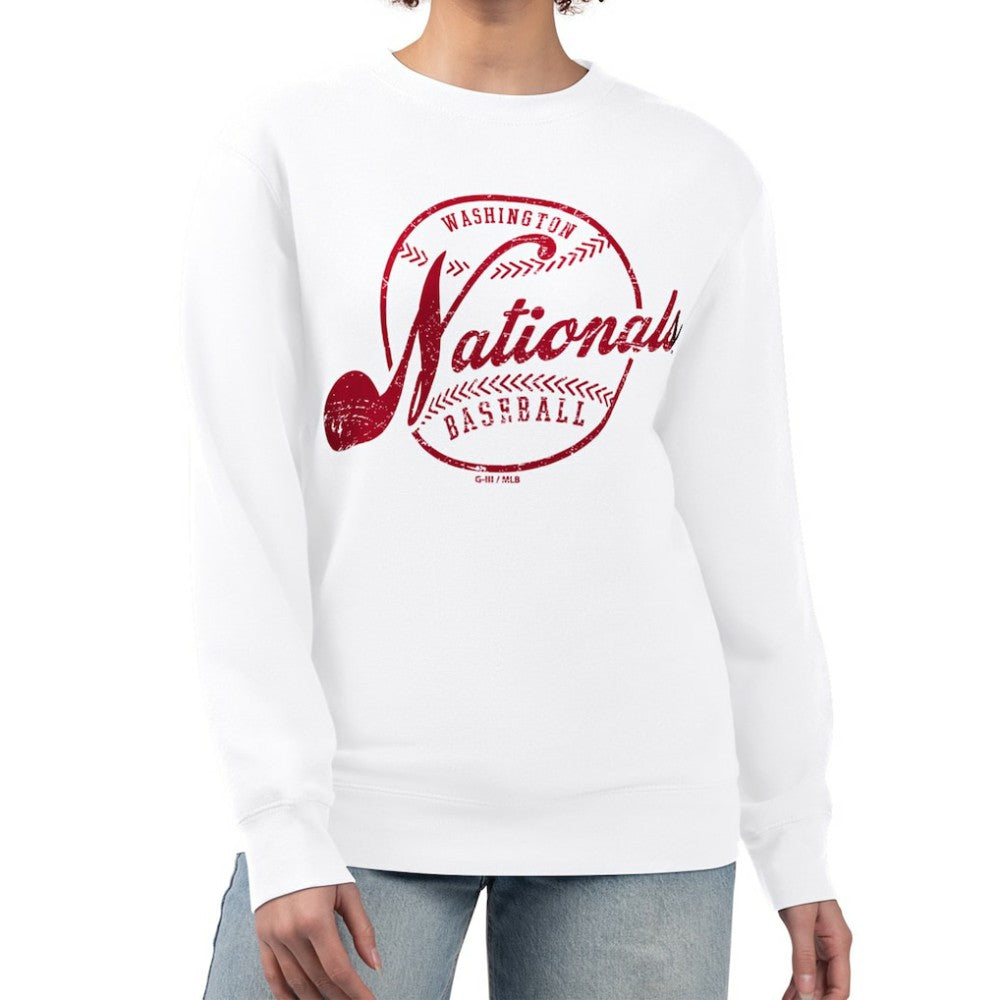 Washington Nationals G-III 4Her by Carl Banks Women's Distressed Baseball Team Fleece Pullover Sweatshirt - White Pullover