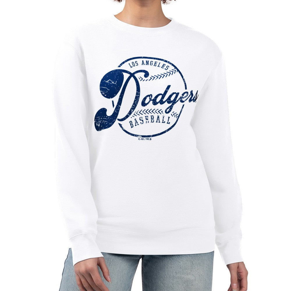 Los Angeles Dodgers G-III 4Her by Carl Banks Women's Distressed Baseball Team Fleece Pullover Sweatshirt - White Pullover