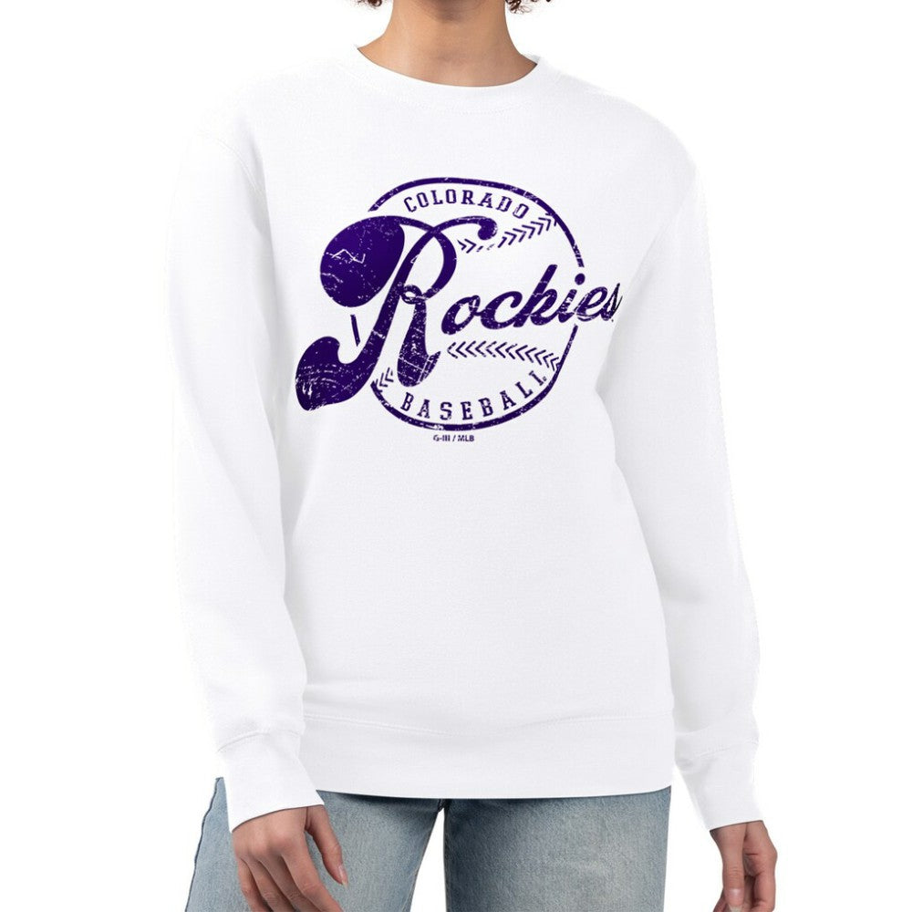 Colorado Rockies G-III 4Her by Carl Banks Women's Distressed Baseball Team Fleece Pullover Sweatshirt - White Pullover