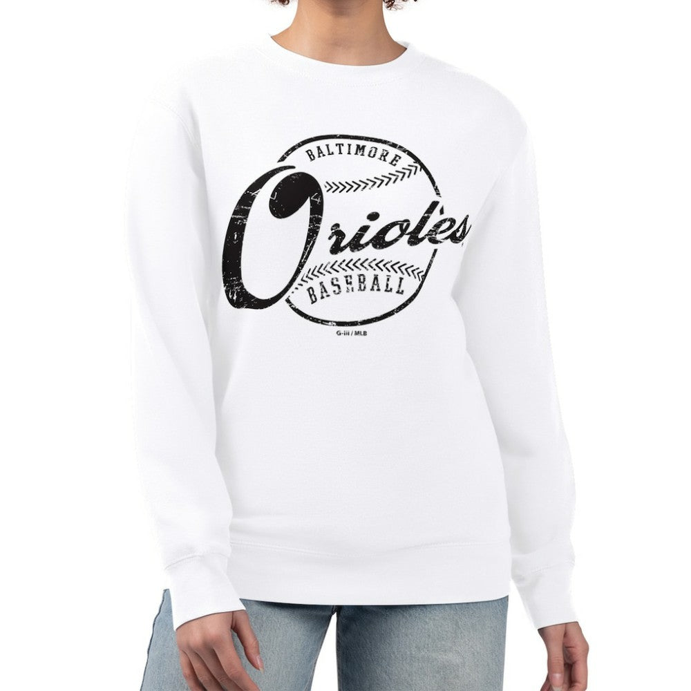 Baltimore Orioles G-III 4Her by Carl Banks Women's Distressed Baseball Team Fleece Pullover Sweatshirt - White Pullover