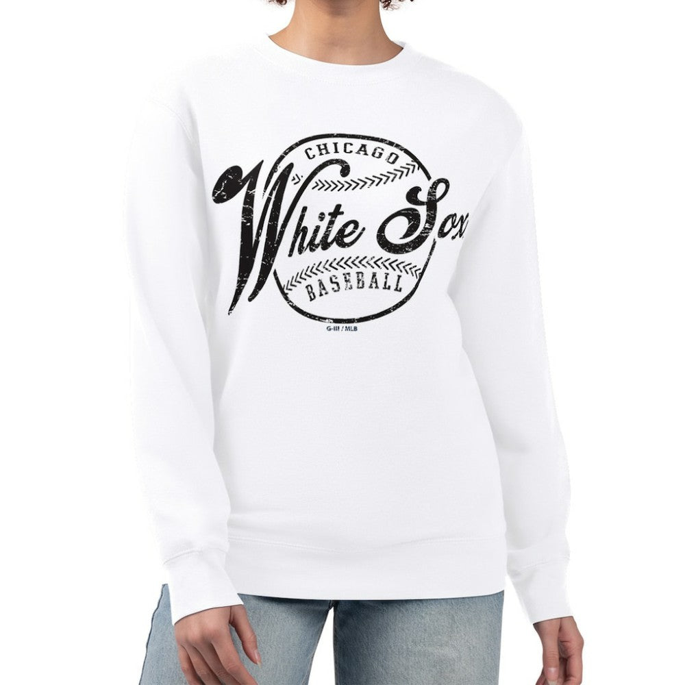 Chicago White Sox G-III 4Her by Carl Banks Women's Distressed Baseball Team Fleece Pullover Sweatshirt - White Pullover