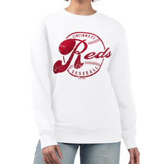 Cincinnati Reds G-III 4Her by Carl Banks Women's Distressed Baseball Team Fleece Pullover Sweatshirt - White Pullover