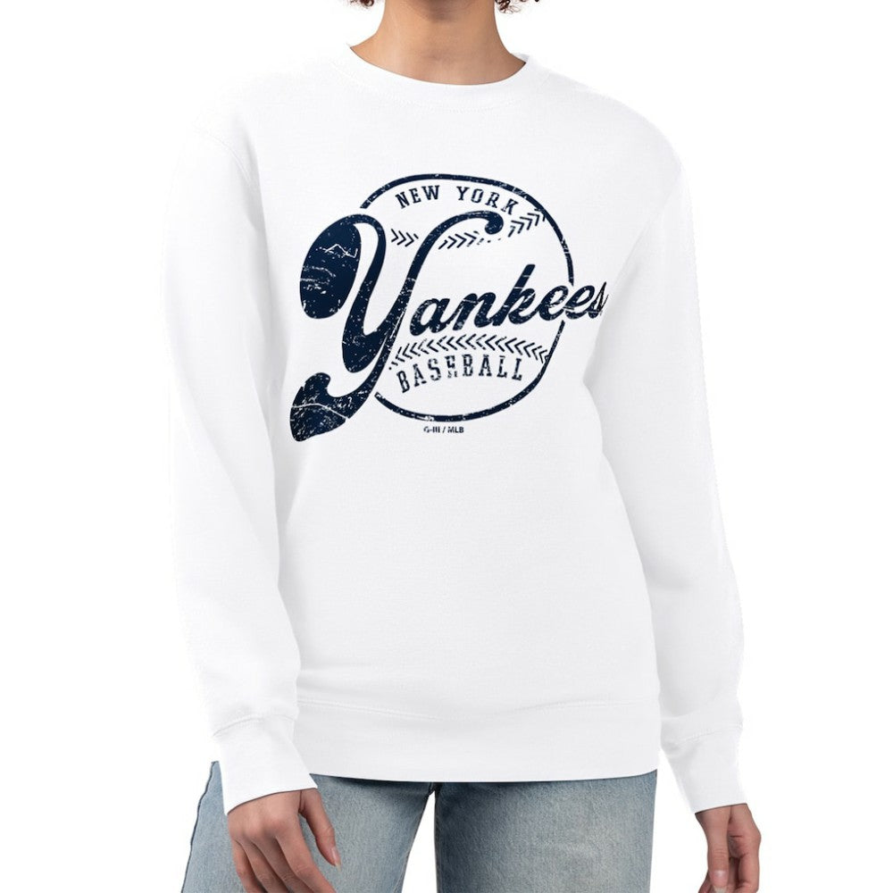 New York Yankees G-III 4Her by Carl Banks Women's Distressed Baseball Team Fleece Pullover Sweatshirt - White Pullover