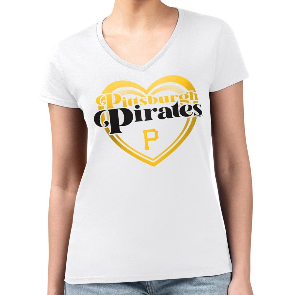Pittsburgh Pirates G-III 4Her by Carl Banks Women's Super-Slim Fit Lightweight Double Heart V-Neck T-Shirt - White T-shirts
