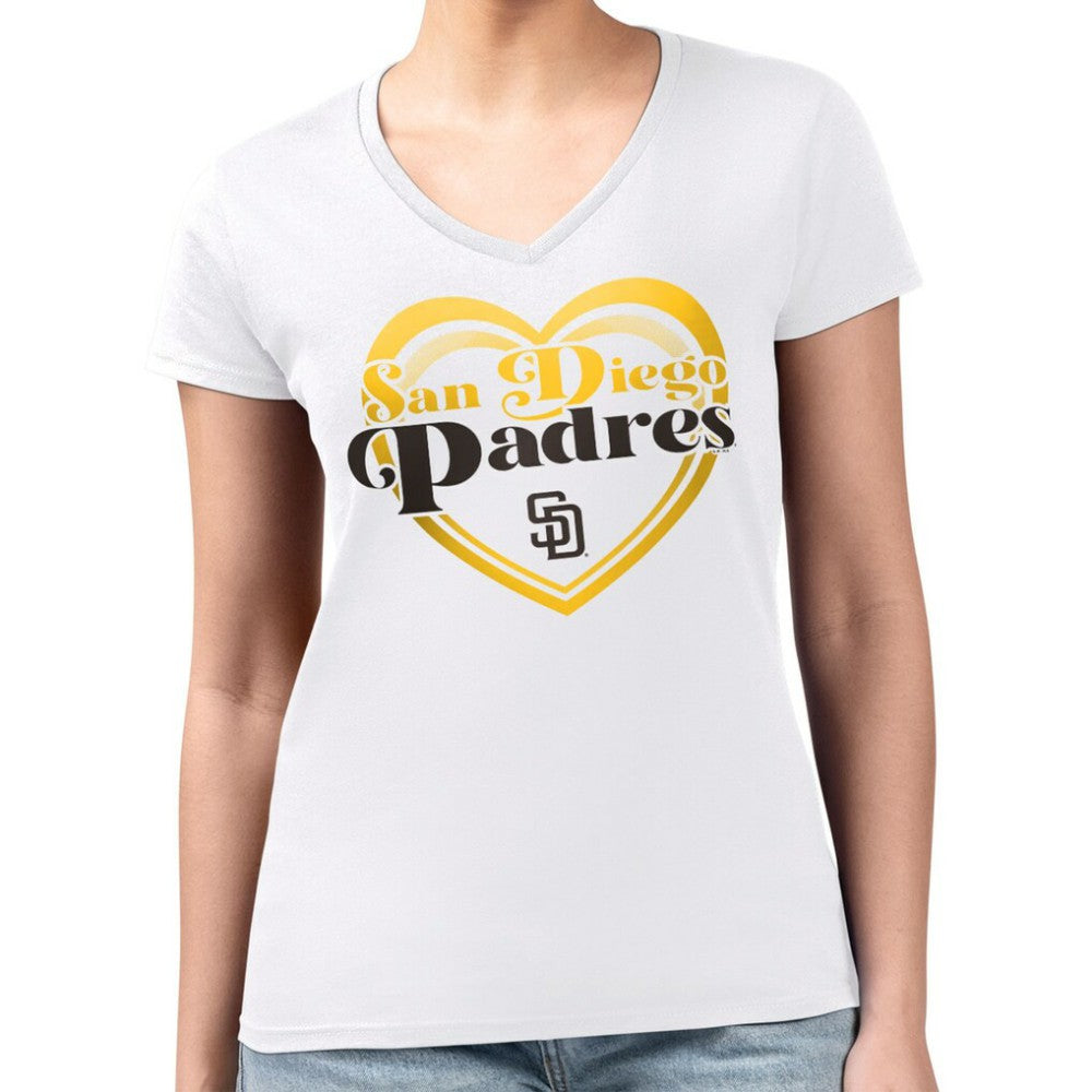 San Diego Padres G-III 4Her by Carl Banks Women's Super-Slim Fit Lightweight Double Heart V-Neck T-Shirt - White T-shirts