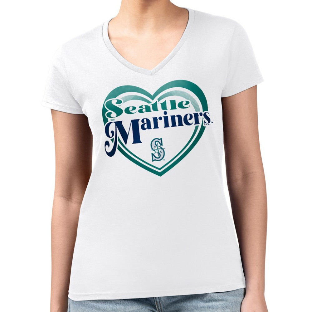 Seattle Mariners G-III 4Her by Carl Banks Women's Super-Slim Fit Lightweight Double Heart V-Neck T-Shirt - White T-shirts