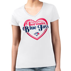 Toronto Blue Jays G-III 4Her by Carl Banks Women's Super-Slim Fit Lightweight Double Heart V-Neck T-Shirt - White T-shirts