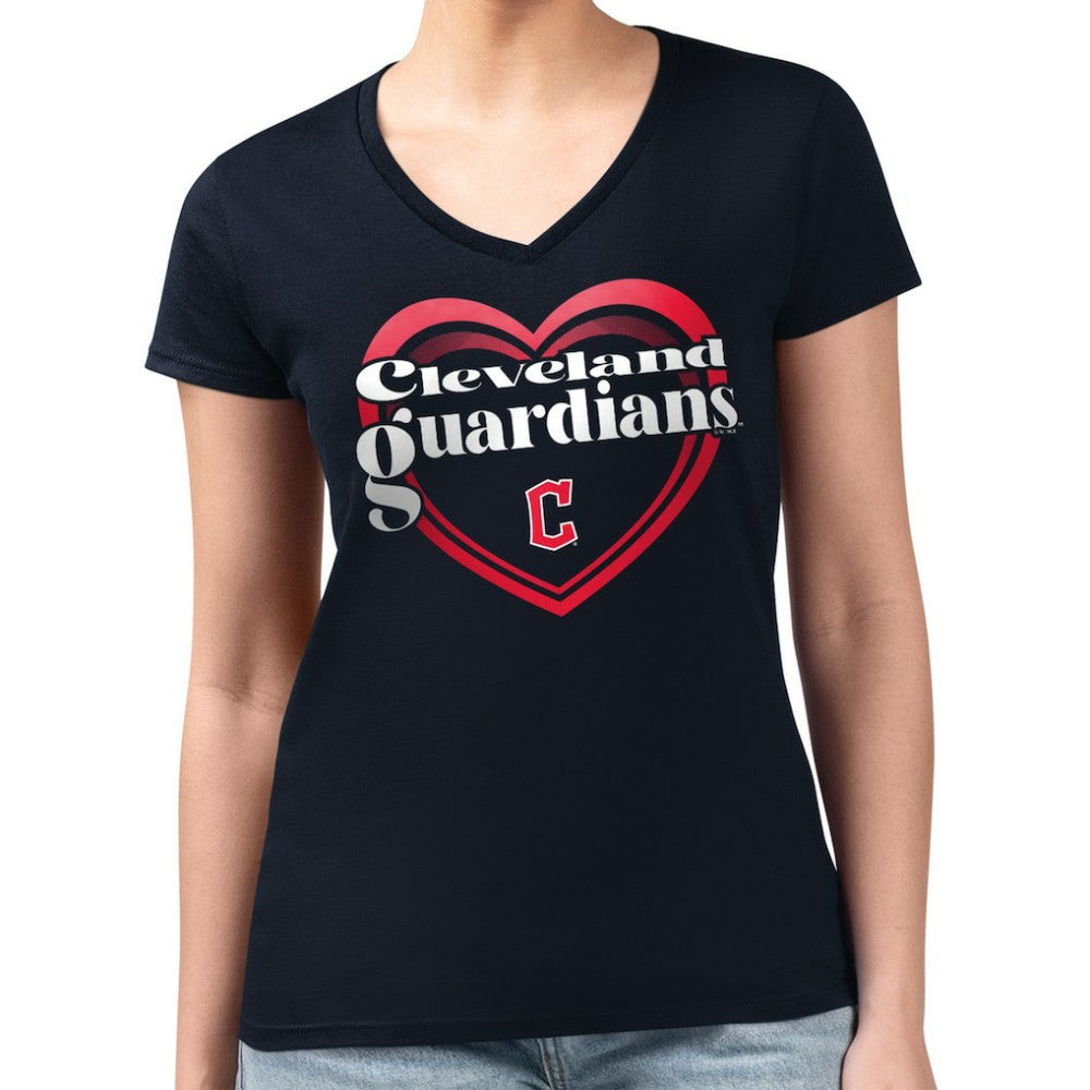 Cleveland Guardians G-III 4Her by Carl Banks Women's Super-Slim Fit Lightweight Double Heart V-Neck T-Shirt - Navy T-shirts