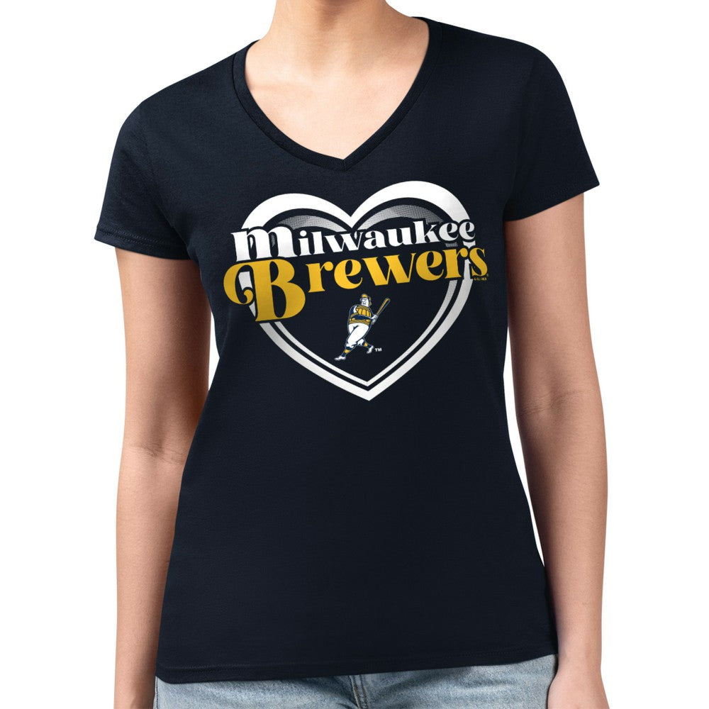 Milwaukee Brewers G-III 4Her by Carl Banks Women's Super-Slim Fit Lightweight Double Heart V-Neck T-Shirt - Navy T-shirts