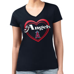 Los Angeles Angels G-III 4Her by Carl Banks Women's Super-Slim Fit Lightweight Double Heart V-Neck T-Shirt - Navy T-shirts