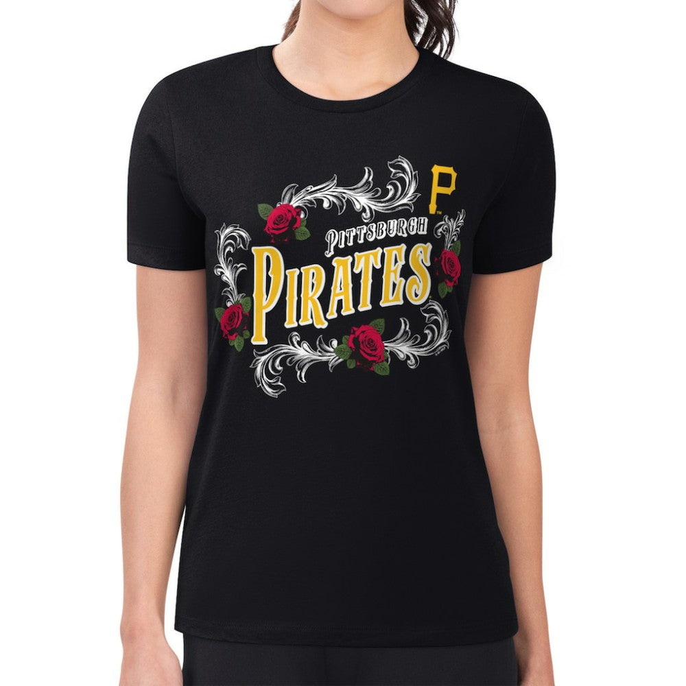 Pittsburgh Pirates G-III 4Her by Carl Banks Women's Super-Slim Fit Lightweight Retro Roses T-Shirt - Black T-shirts