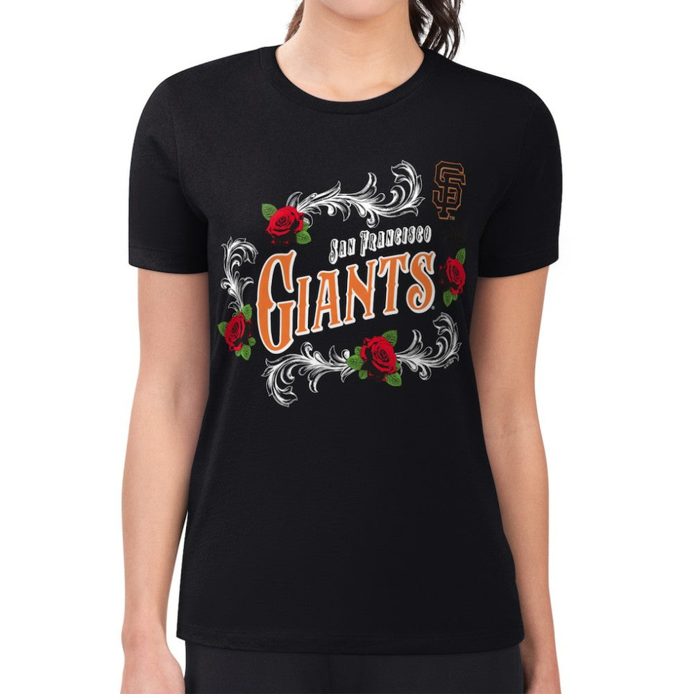 San Francisco Giants G-III 4Her by Carl Banks Women's Super-Slim Fit Lightweight Retro Roses T-Shirt - Black T-shirts