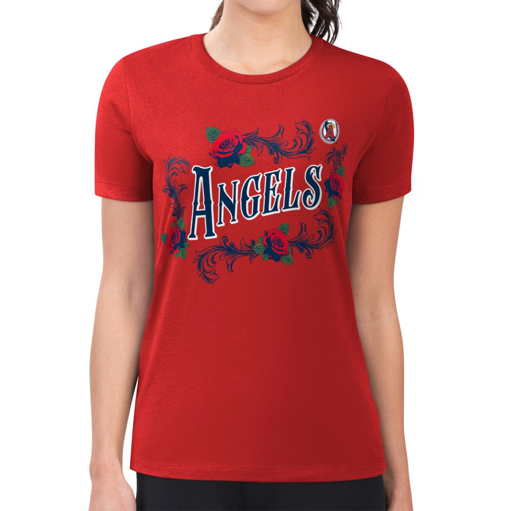 Los Angeles Angels G-III 4Her by Carl Banks Women's Super-Slim Fit Lightweight Retro Roses T-Shirt - Red T-shirts