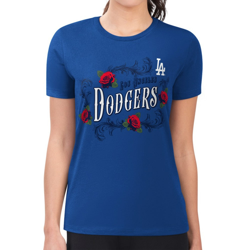 Los Angeles Dodgers G-III 4Her by Carl Banks Women's Super-Slim Fit Lightweight Retro Roses T-Shirt - Royal T-shirts