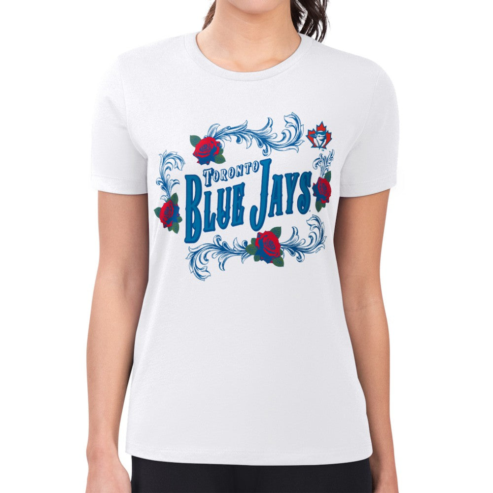 Toronto Blue Jays G-III 4Her by Carl Banks Women's Super-Slim Fit Lightweight Retro Roses T-Shirt - White T-shirts