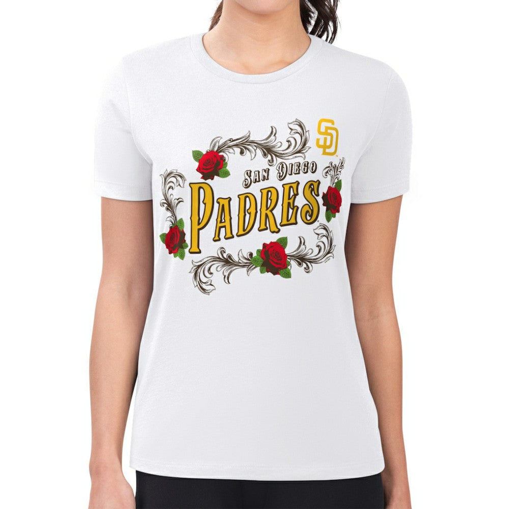 San Diego Padres G-III 4Her by Carl Banks Women's Super-Slim Fit Lightweight Retro Roses T-Shirt - White T-shirts