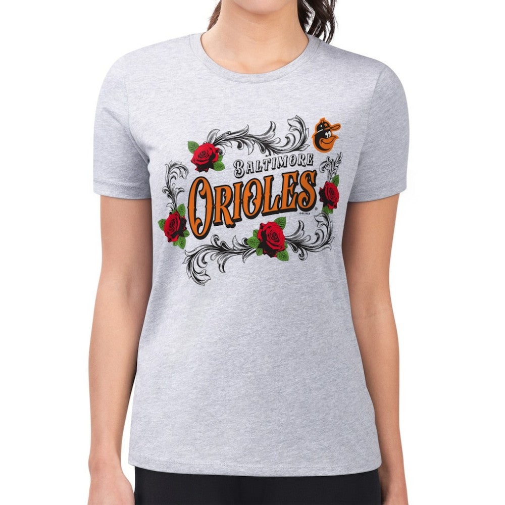 Baltimore Orioles G-III 4Her by Carl Banks Women's Super-Slim Fit Lightweight Retro Roses T-Shirt - Gray T-shirts