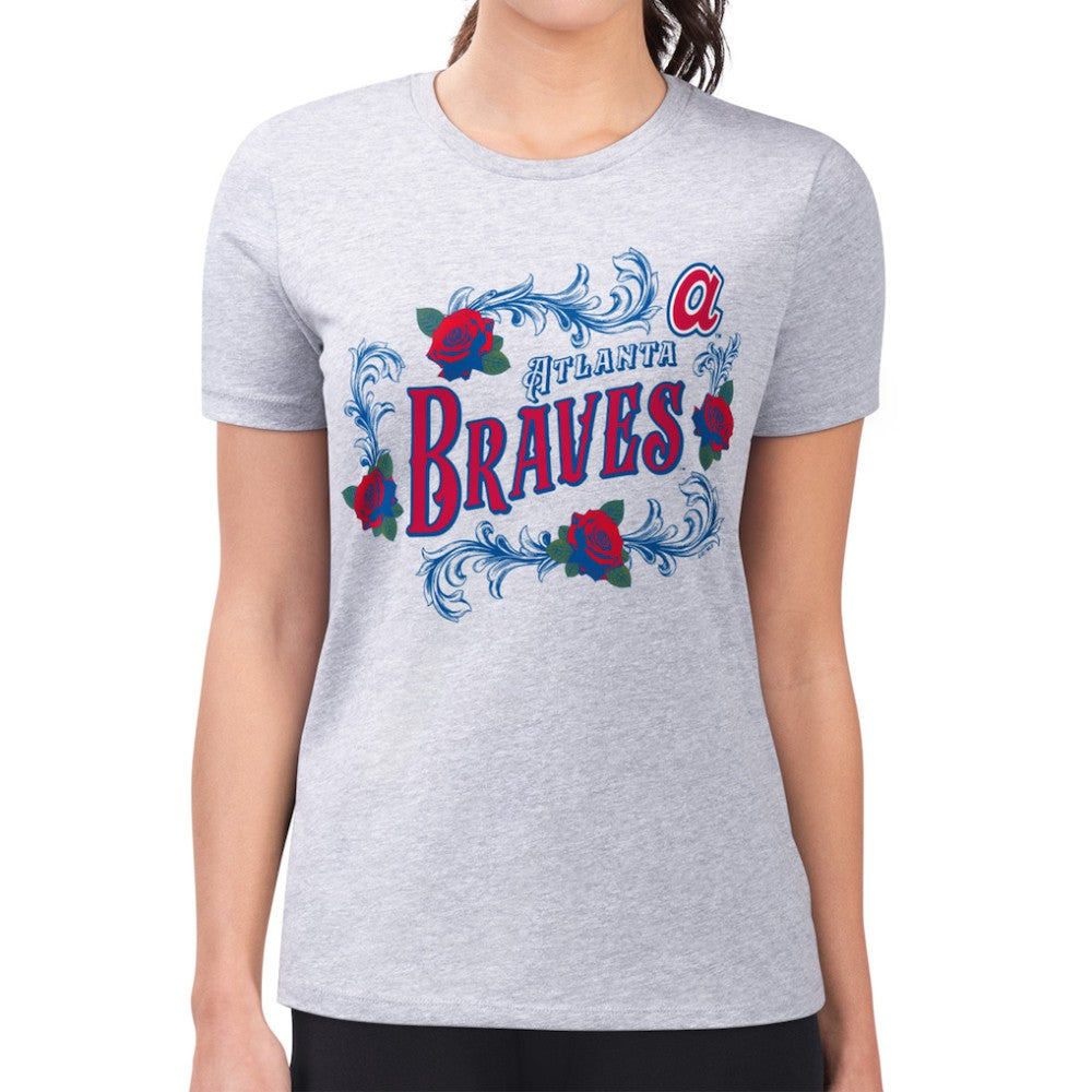 Atlanta Braves G-III 4Her by Carl Banks Women's Super-Slim Fit Lightweight Retro Roses T-Shirt - Gray T-shirts