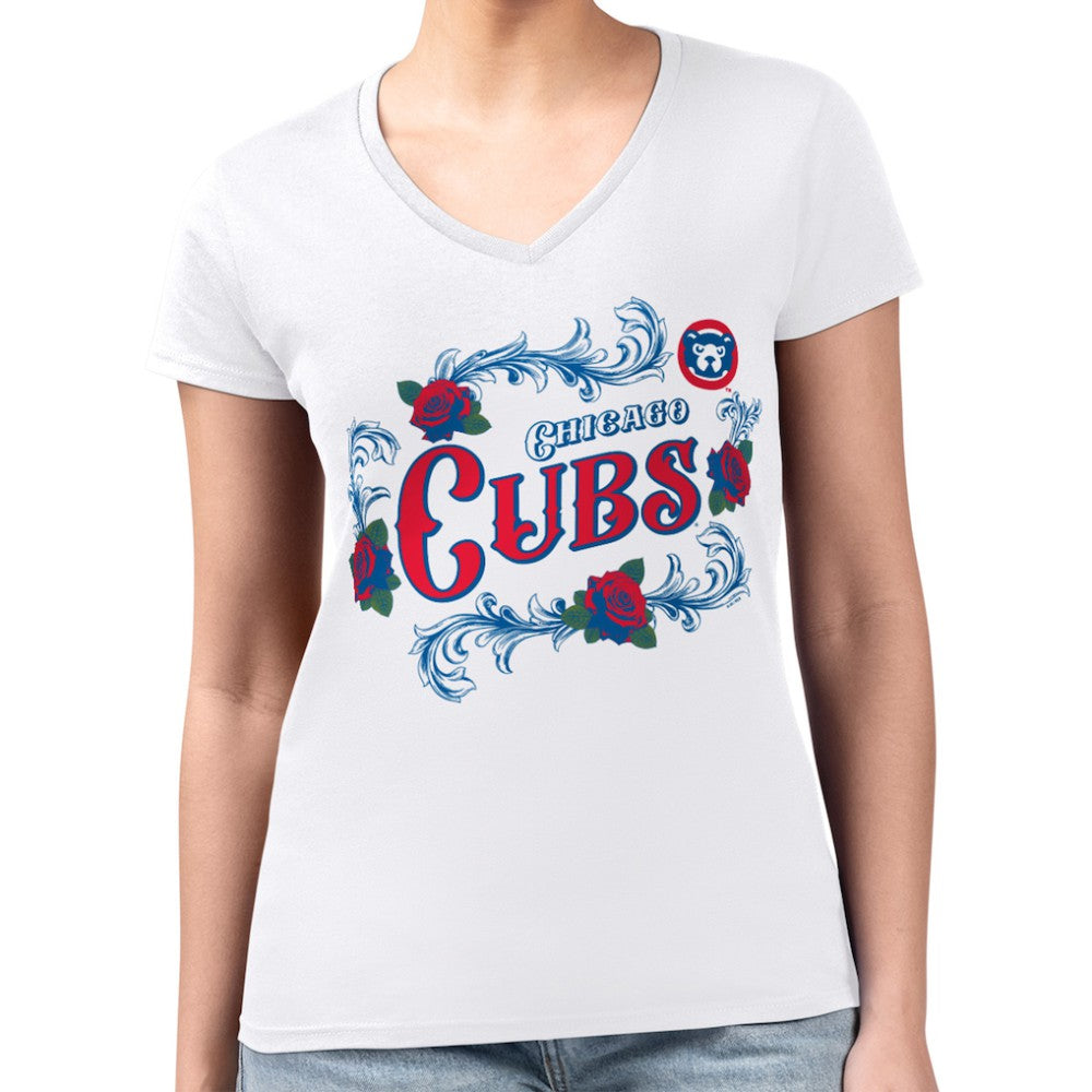 Chicago Cubs G-III 4Her by Carl Banks Women's Super-Slim Fit Lightweight Retro Roses V-Neck T-Shirt - White T-shirts