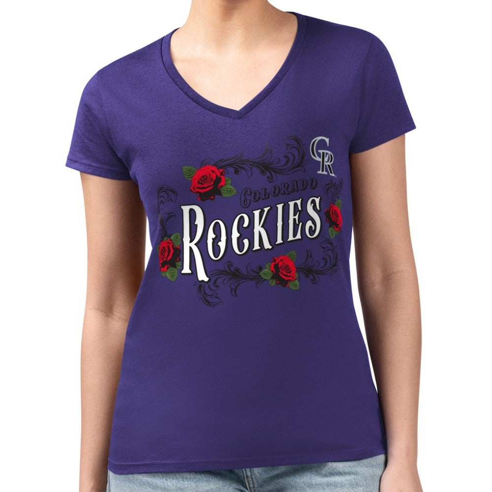 Colorado Rockies G-III 4Her by Carl Banks Women's Super-Slim Fit Lightweight Retro Roses V-Neck T-Shirt - Purple T-shirts