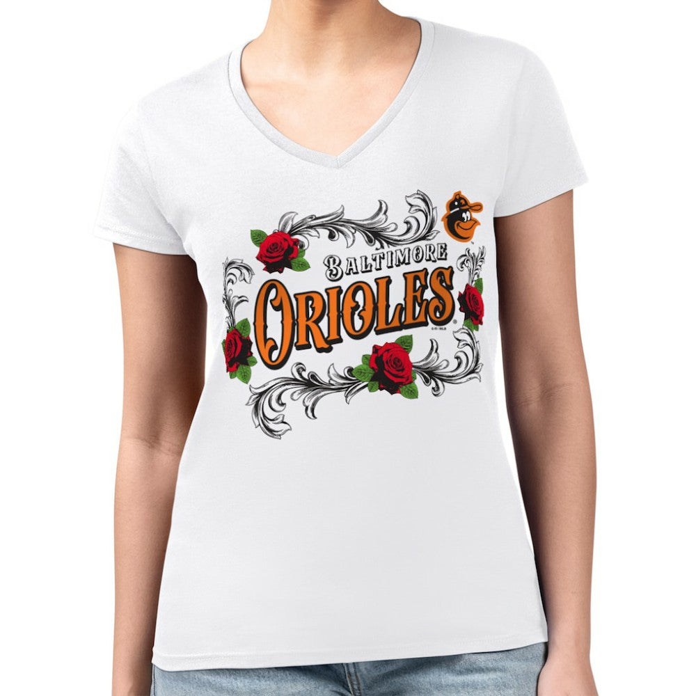 Baltimore Orioles G-III 4Her by Carl Banks Women's Super-Slim Fit Lightweight Retro Roses V-Neck T-Shirt - White T-shirts