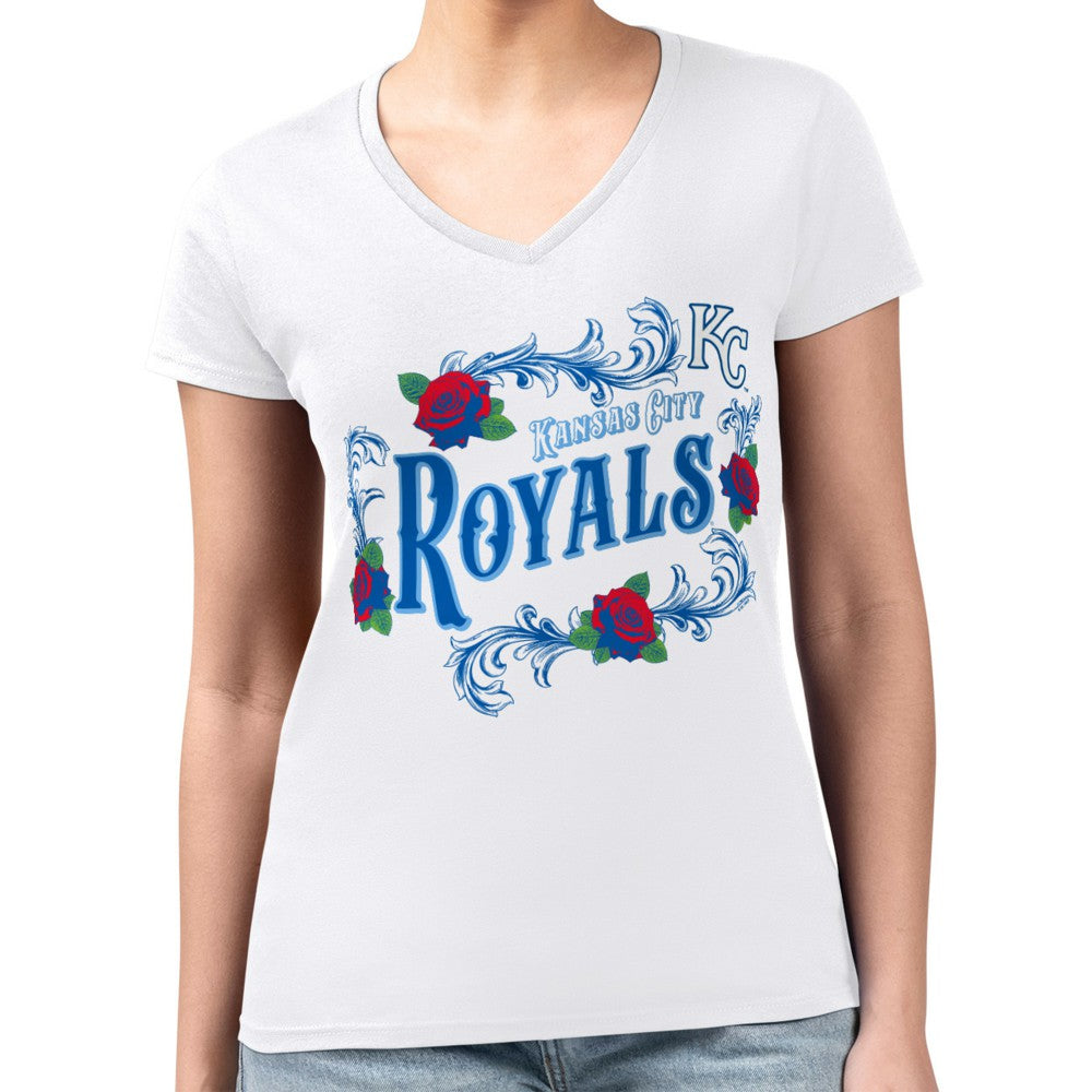 Kansas City Royals G-III 4Her by Carl Banks Women's Super-Slim Fit Lightweight Retro Roses V-Neck T-Shirt - White T-shirts