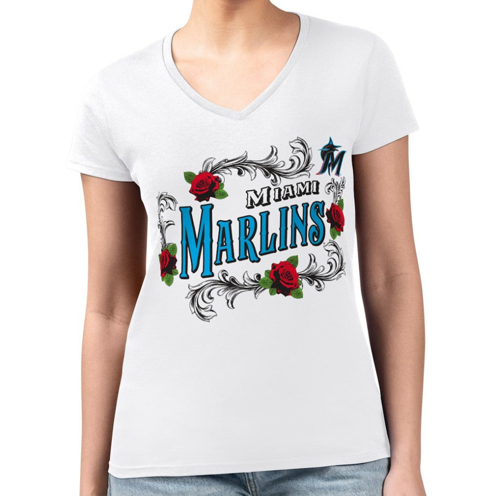 Miami Marlins G-III 4Her by Carl Banks Women's Super-Slim Fit Lightweight Retro Roses V-Neck T-Shirt - White T-shirts