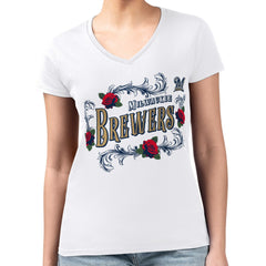 Milwaukee Brewers G-III 4Her by Carl Banks Women's Super-Slim Fit Lightweight Retro Roses V-Neck T-Shirt - White T-shirts