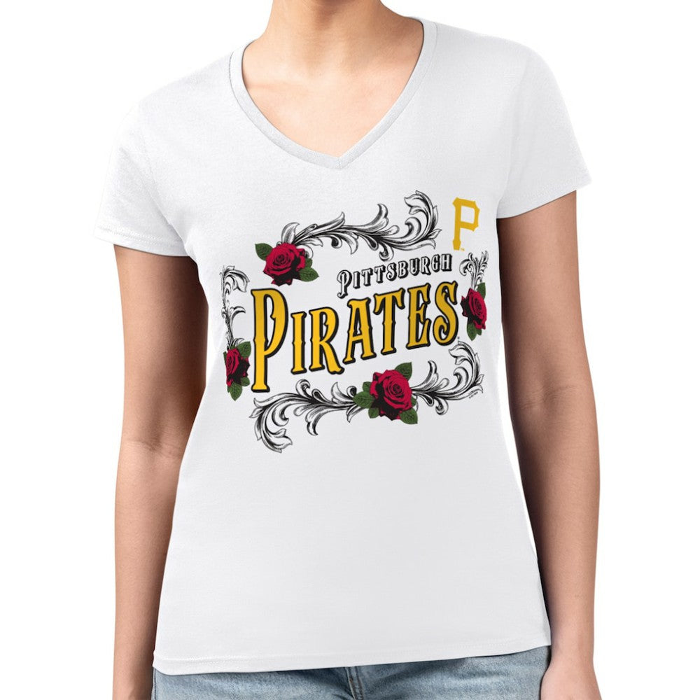 Pittsburgh Pirates G-III 4Her by Carl Banks Women's Super-Slim Fit Lightweight Retro Roses V-Neck T-Shirt - White T-shirts