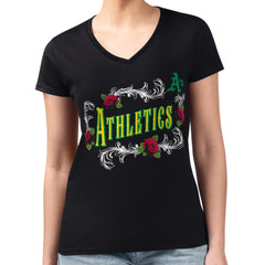 Athletics G-III 4Her by Carl Banks Women's Super-Slim Fit Lightweight Retro Roses V-Neck T-Shirt - Black T-shirts