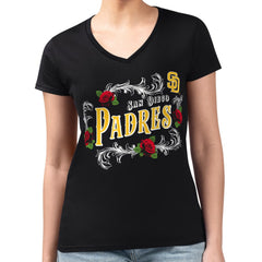 San Diego Padres G-III 4Her by Carl Banks Women's Super-Slim Fit Lightweight Retro Roses V-Neck T-Shirt - Black T-shirts