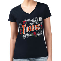 Detroit Tigers G-III 4Her by Carl Banks Women's Super-Slim Fit Lightweight Retro Roses V-Neck T-Shirt - Navy T-shirts
