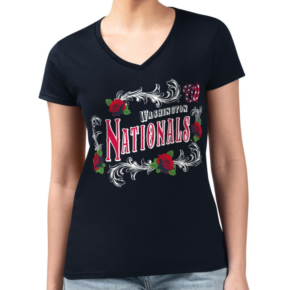 Washington Nationals G-III 4Her by Carl Banks Women's Super-Slim Fit Lightweight Retro Roses V-Neck T-Shirt - Navy T-shirts
