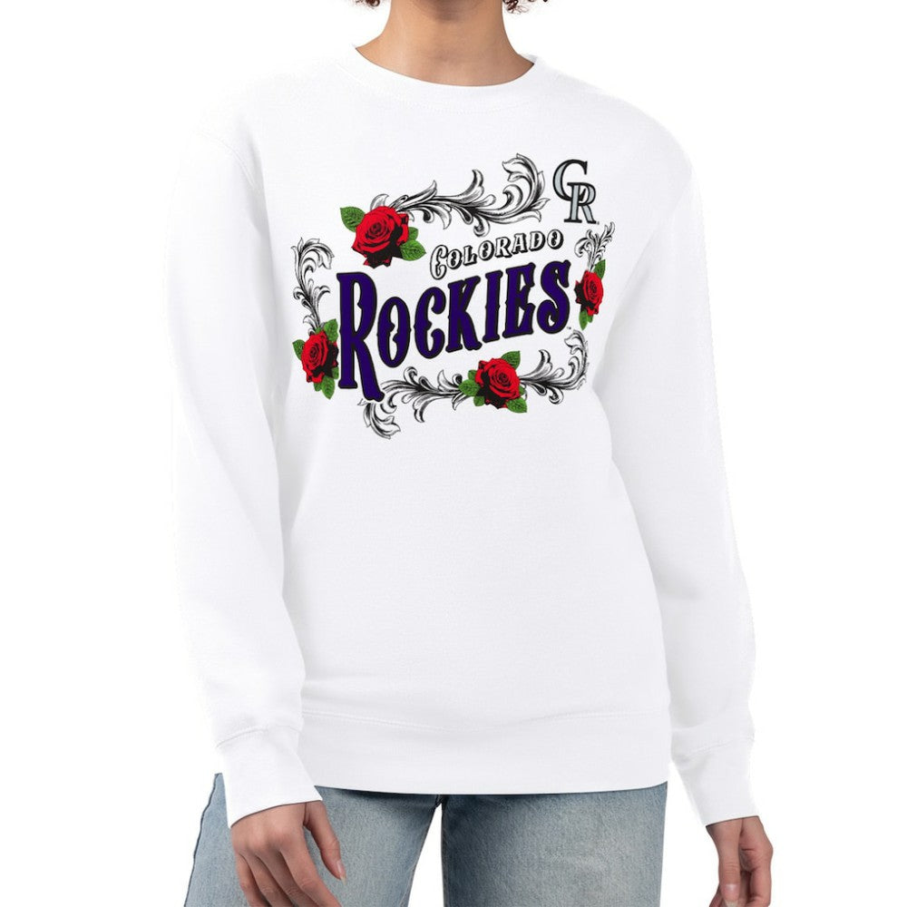 Colorado Rockies G-III 4Her by Carl Banks Women's Retro Roses Fleece Pullover Sweatshirt - White Pullover