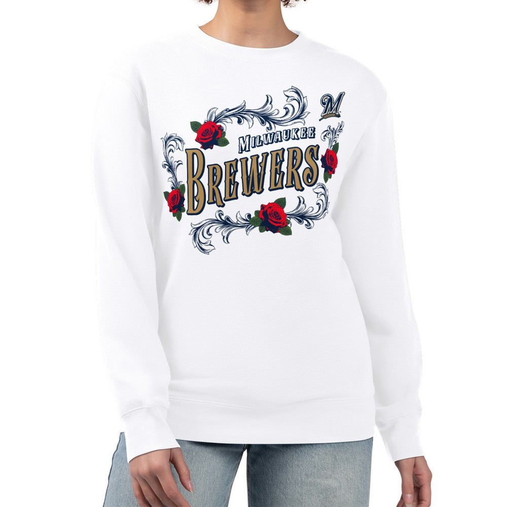 Milwaukee Brewers G-III 4Her by Carl Banks Women's Retro Roses Fleece Pullover Sweatshirt - White Pullover