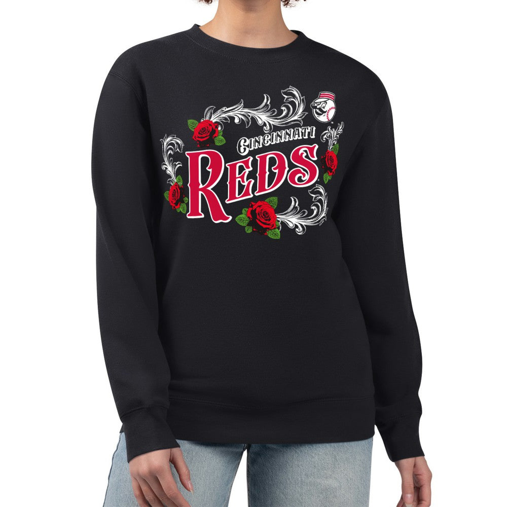 Cincinnati Reds G-III 4Her by Carl Banks Women's Retro Roses Fleece Pullover Sweatshirt - Black Pullover