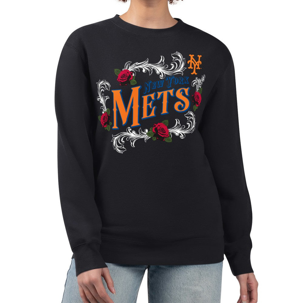 New York Mets G-III 4Her by Carl Banks Women's Retro Roses Fleece Pullover Sweatshirt - Black Pullover