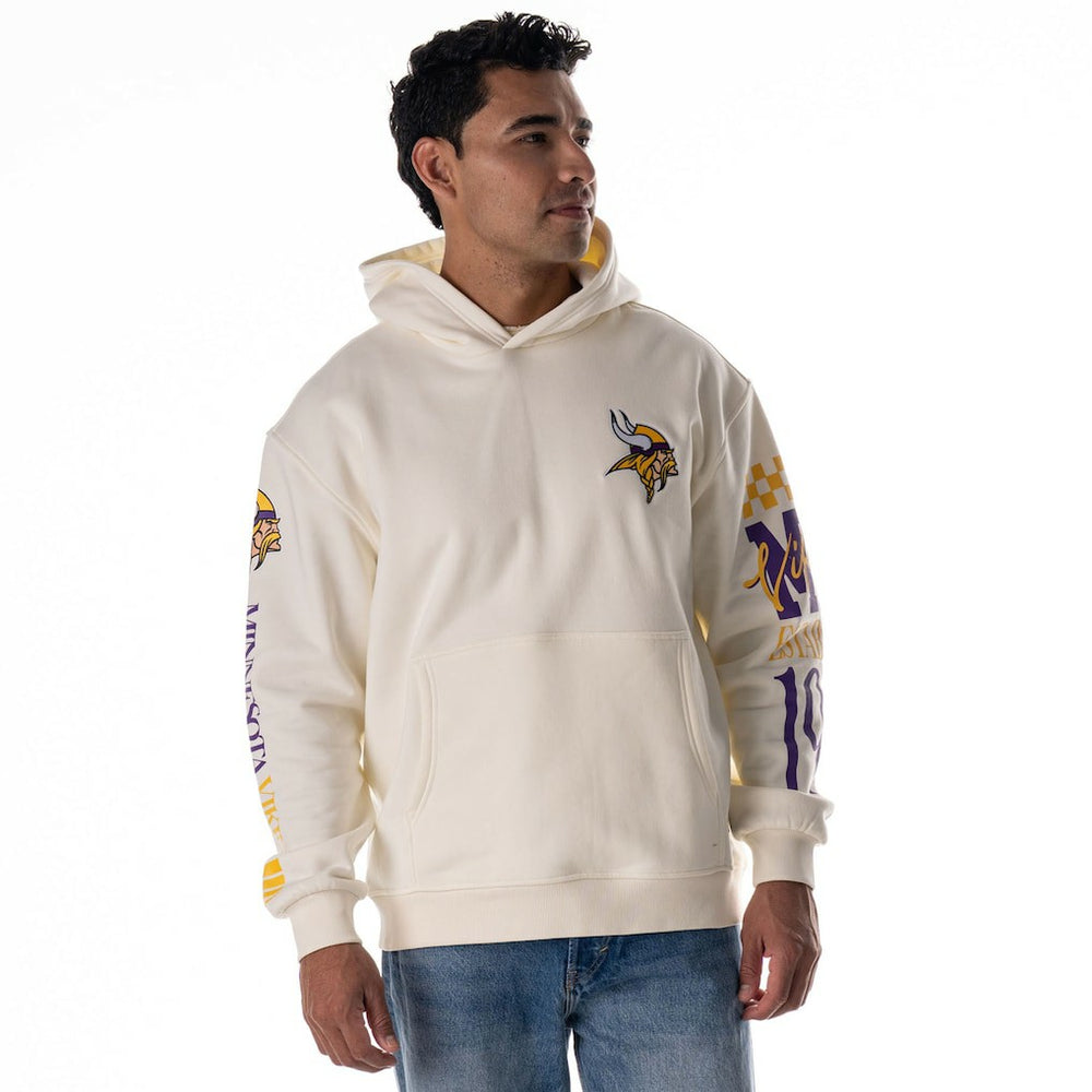 Minnesota Vikings The Wild Collective Unisex Stacked Graphic Sleeve Fleece Hoodie Cream