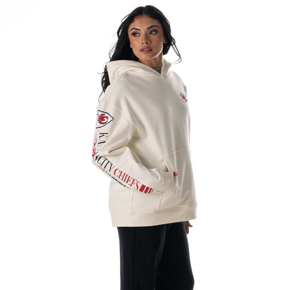 Kansas City Chiefs The Wild Collective Unisex Stacked Graphic Sleeve Fleece Hoodie Cream