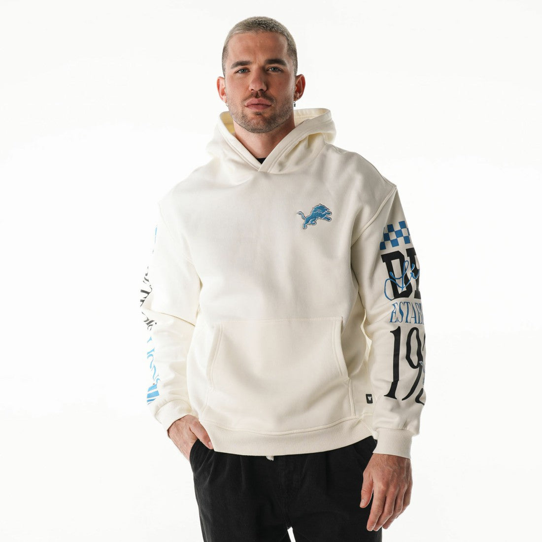 Detroit Lions The Wild Collective Unisex Stacked Graphic Sleeve Fleece Hoodie Cream