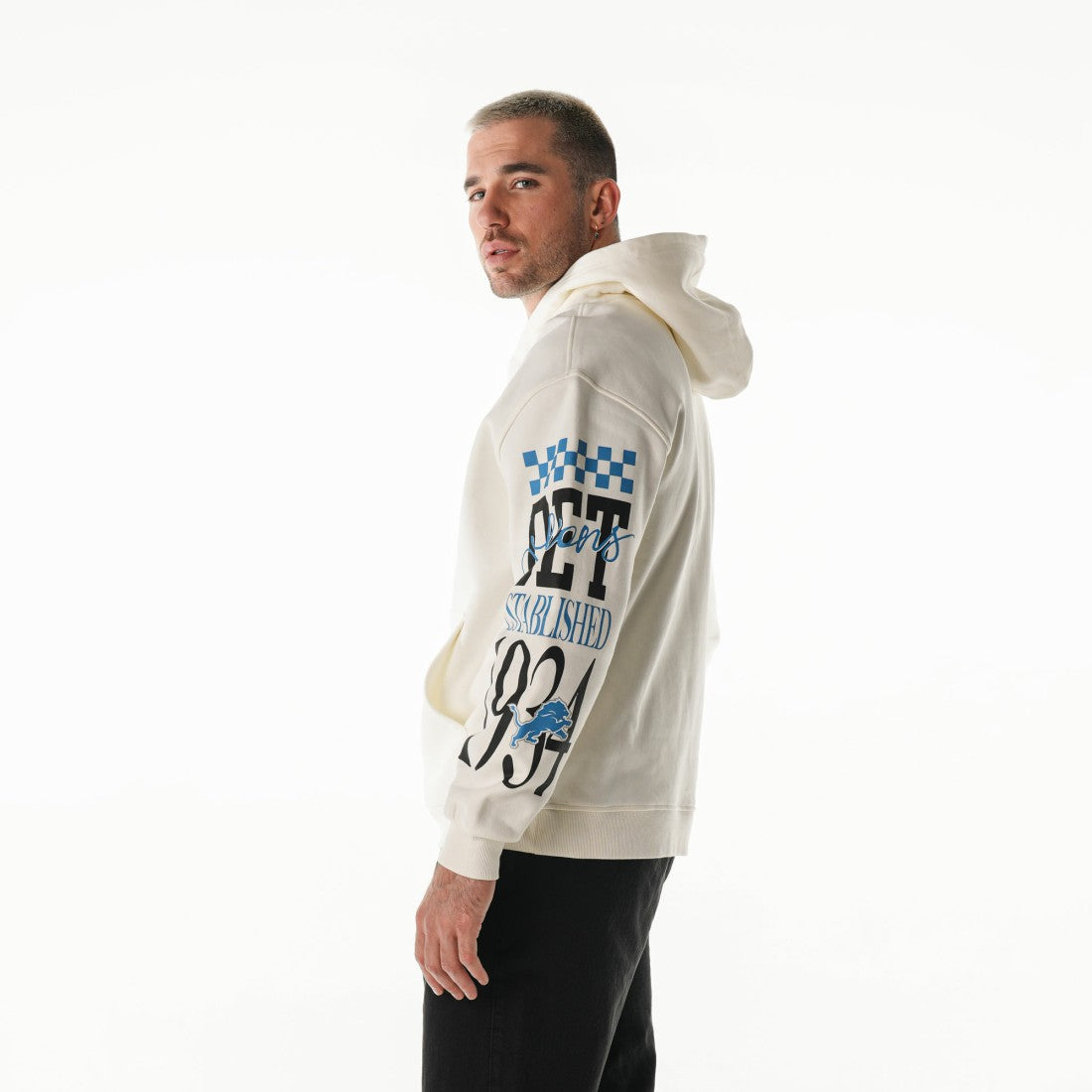Detroit Lions The Wild Collective Unisex Stacked Graphic Sleeve Fleece Hoodie Cream