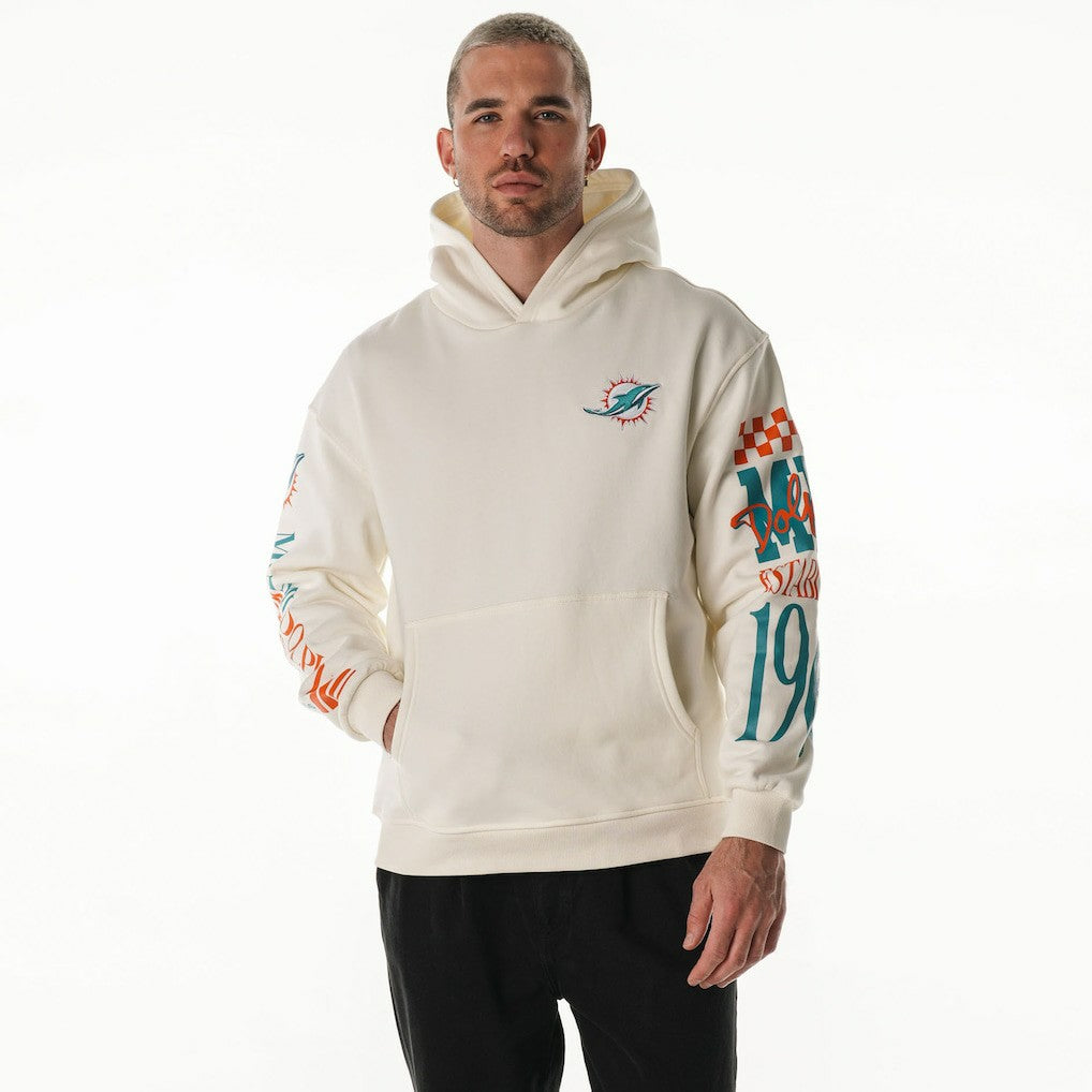 Miami Dolphins The Wild Collective Unisex Stacked Graphic Sleeve Fleece Hoodie Cream