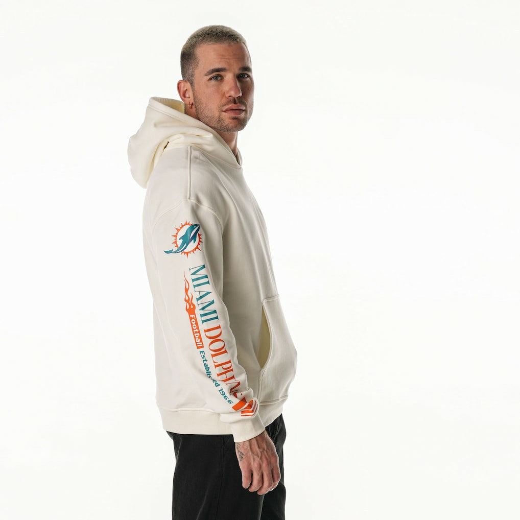 Miami Dolphins The Wild Collective Unisex Stacked Graphic Sleeve Fleece Hoodie Cream